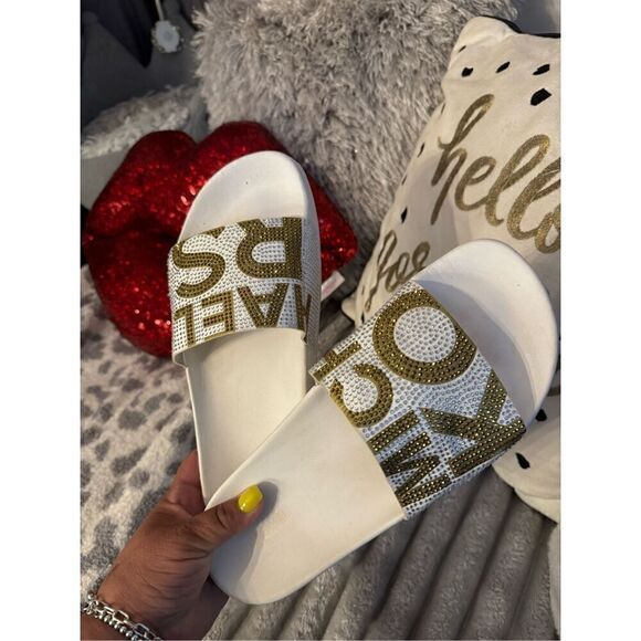 Sz10 nwot michael Kors Gilmore pool slide sandals w/logo bling gold white rhines - Picture 4 of 9